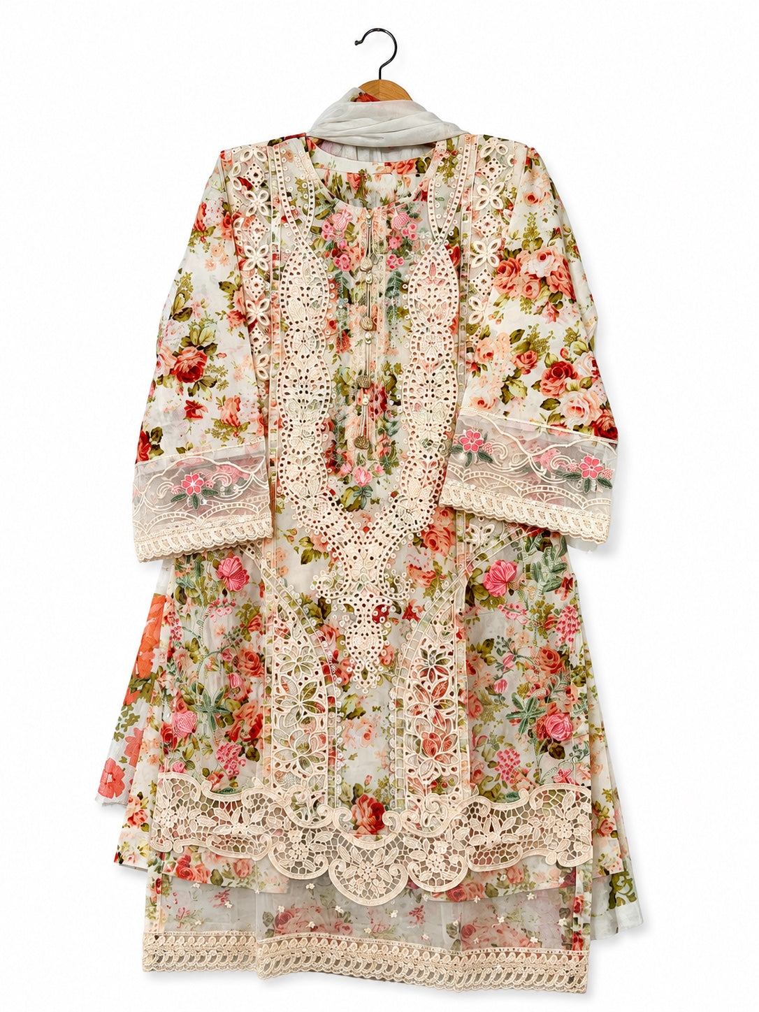 Rose Garden ivory floral cotton 3-piece suit for women - front view