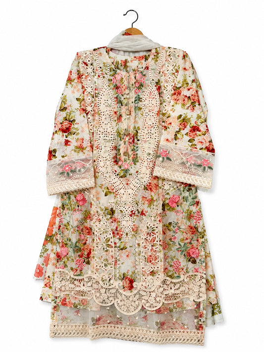 Rose Garden ivory floral cotton 3-piece suit for women - front view