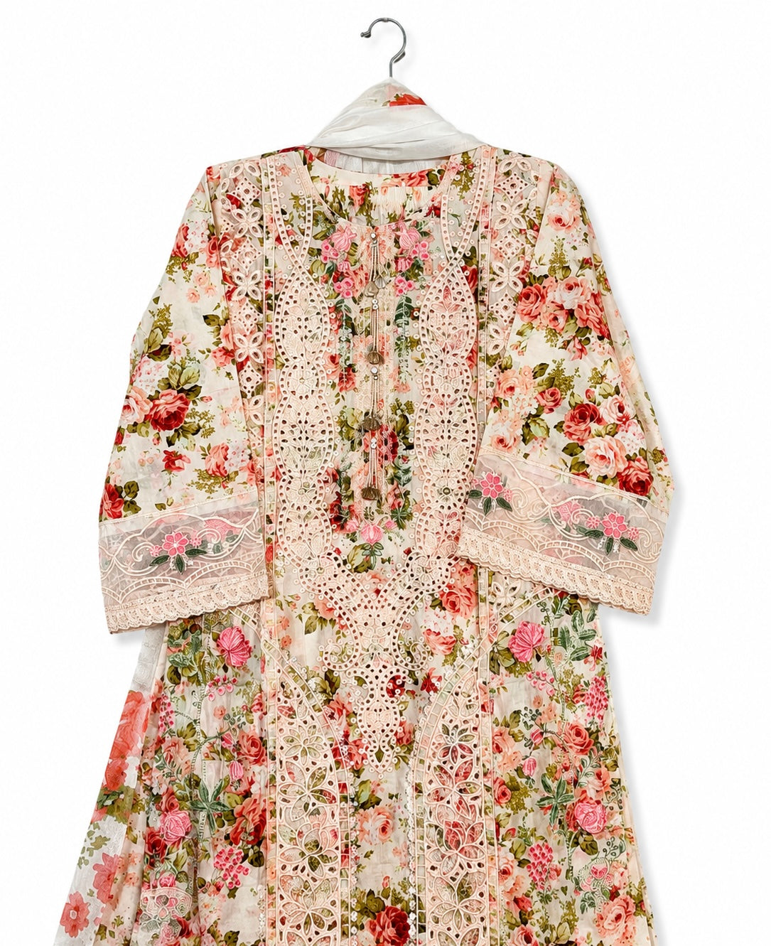 Rose Garden stitched cotton suit with floral embroidery - detail view